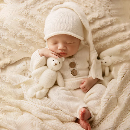 Newborn Photography Clothes 2 Pieces Set Baby Romper Hat Infant Photo Shoot Props Bear Doll Newborn Photography Accessories