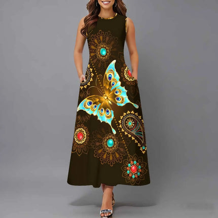 Women Sleeveless Long Maxi Dress With Pockets 3D Oil Painting Print Casual Loose Summer Vacation Party Sundress