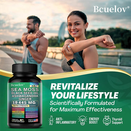 Sea Moss Capsules with Black Seed Oil Ashwagandha Turmeric Complex, Energy Immune Digestive Skin & Stress Relief Support