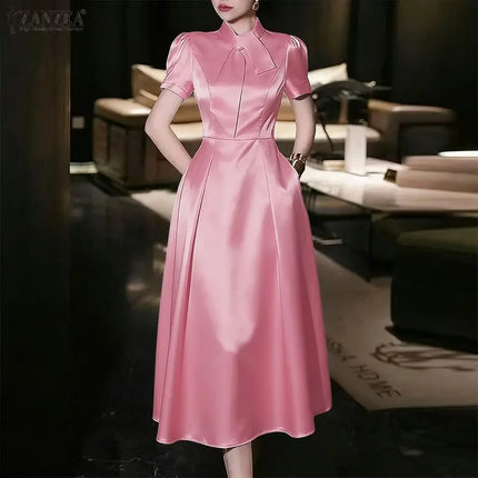 Women's Elegant Pink Satin Party Dress Tie-Neck Short Sleeves Fit and Flare A-Line Midi Dresses ZANZEA Woman Evening Robes 3XL