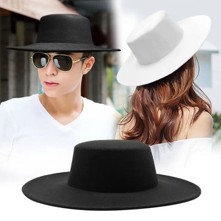 French Retro Women Flatcap Wide Brim Hepburn Style Flat-top Cap Solid Color Felt Hat Church