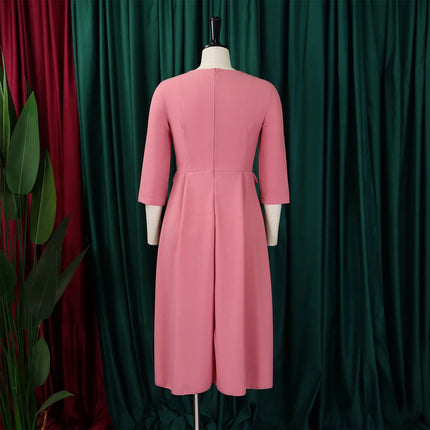 Elegant Office Dresses for Woman O Neck Three Quarter Sleeve Pleated Mid Calf Formal Ladies Business Work Wear Dress Midi Cloth