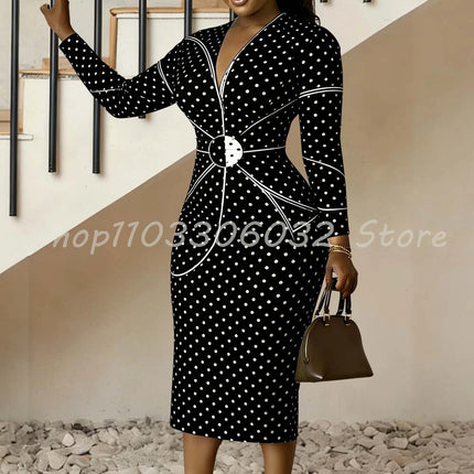 Polka Dot Color Block Floral Print Bodycon Dress V-Neck Long Sleeve Midi Dress for Women Spring Party Date Night Outfit