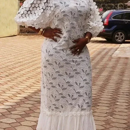 White Lace Dresses for Women Wedding Guests Elegant Turn Down Collar Puff Sleeves Pleated Hem Midi Dress Luxury Occasion Clothes