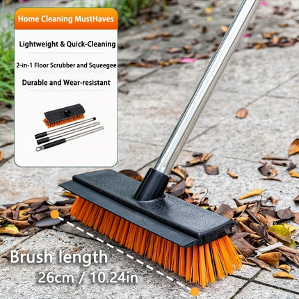 Heavy-Duty Outdoor Floor Cleaning Brush with Squeegee System & Stiff Bristles - Stainless Steel/Plastic, Ideal for Yards, Patios, Driveways, Concrete & Hard Surfaces, Commercial-Grade Broom