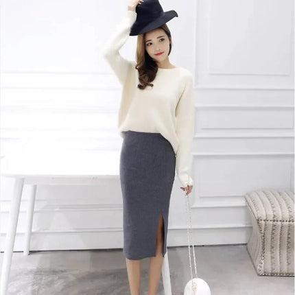 Summer Women Black Skirts Sexy Chic Pencil Skirts 2025 Slim Fit Female Faldas Wool Rib Knit Long Package Hip Split Waist Skirt