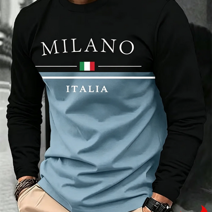 Italia Milano Letter Pattern Print Men T-Shirt Fashion Spring and Autumn Long Sleeve Casual Top Male O-Neck Loose Streetwear Tee