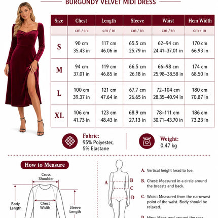 Women Velvet Midi Dress, Sweetheart Square Neck Long Sleeve High Waist Split Cocktail Dress, Elegant Formal Party Wedding Guest Evening Dress