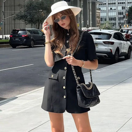 Typhaland Elegant Commuting Buttons Dress With Shawl  Slim Short Sleeve Black Mini Dress 2026 Sping Summer Chic Dress High Waist