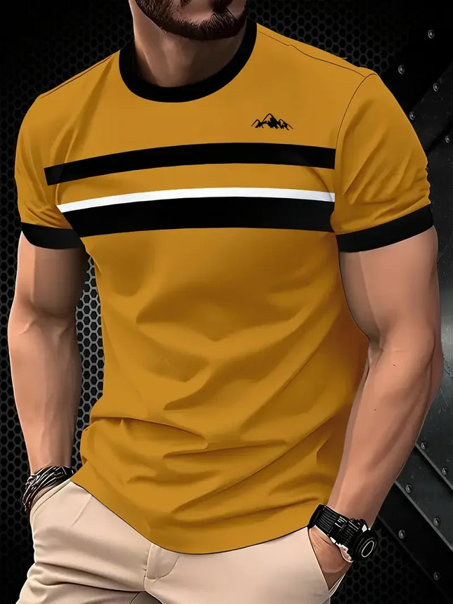 Summer classic men's T-shirt: Outdoor round-neck short-sleeved top with striped print, loose street men's T-shirt with additiona