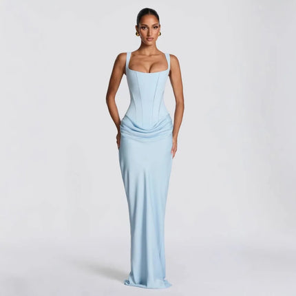 Ladies' formal square neck sleeveless waist cinching design with pleated fish tail long skirt for dinner party slimming dress