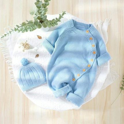 Baby Knitted Jumpsuit with Hat Custom Embroidered Name Newborn Boys Girls Birth Gift Sweater Personalized Cute Crawling Suit Set
