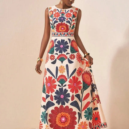 Women Floral Embroidery Maxi Dress Sleeveless Round Neck A-Line Long Dress Summer Beach Wedding Guest Holiday Party Dresses