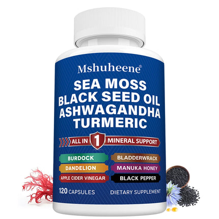 Sea Moss, Black Seed, Ashwagandha, Turmeric, Bladderwrack, Burdock - with ACV, Black Pepper, Gluten Free