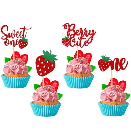 Strawberry Cake Topper Flags Happy Birthday Decoration Cupcake Toppers Kids 1st Birthday Party Baby Shower Cake Baking Decor