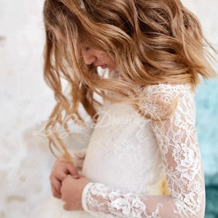 White Full Lace Long Sleeve Tulle Flower Girl Dress Back Bow Floor Length Kids First Holy Communion Wedding Birthday Custom Gown