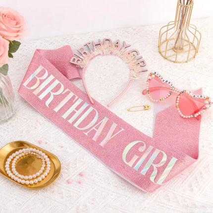 Birthday Girl Sash Glitter Headband Tiara Crown Sunglasses Pink Happy Birthday Decorations Party Favors Accessories