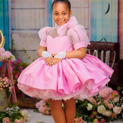 Pink Ball Gown Flower Girl Dresses Customized Tulle Tiered Ruffles Children Birthday Party Gowns High Neck Kids Wedding Dress