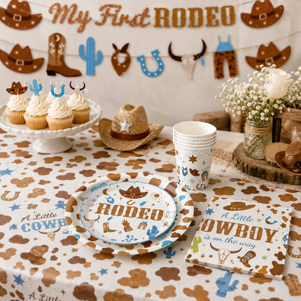 A Little Cowboy Baby Shower Decor Set, My First Rodeo Western Themed Disposable Tableware Kit for Boys 1st Birthday Party