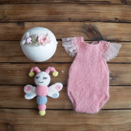 Newborn Knitted Angola Fuzzy Romper Baby Animal Outfit Photography Props Baby Cartoon Wolf Footed Overall Sets Photo Props