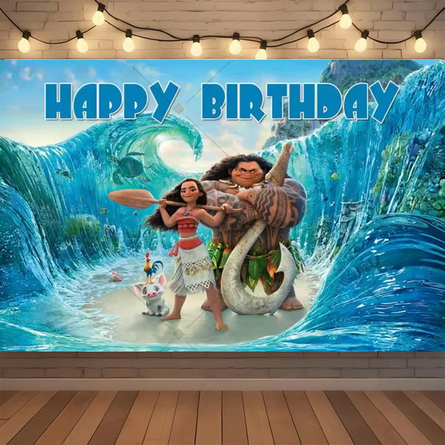 Cartoon Moana Birthday Backdrop Tropical Ocean Island Palm Flower Girl Birthday Party Baby Shower Decor Kids Photo Background