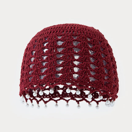 Korean Style Handmade Crochet Hat Women Summer Hollow Pearl Knitted Hat Fashion Mesh Hat Pullover Hat Cute And Sweet Beanie Hat