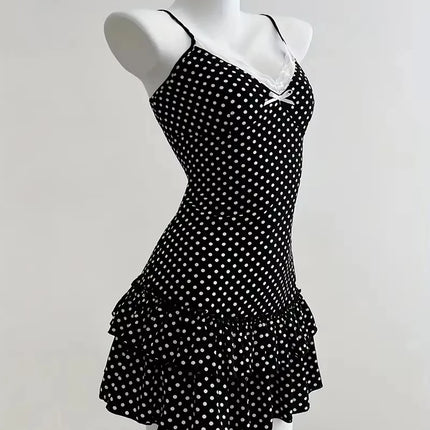 Y2K Summer Women Fashion Black V-neck Lace Trim Sweet Polka Dot Dress 2000s Elegant Spaghetti Strap Bodycon Mini Dresses Clothes