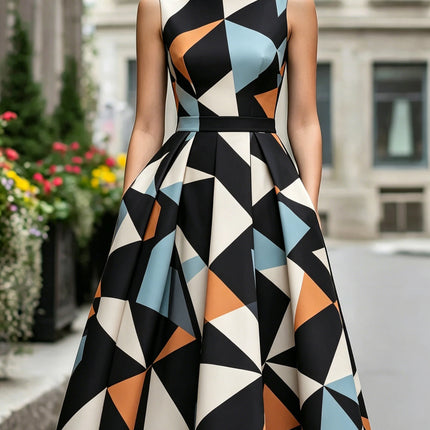 Summer Vintage Geometric Print Sleeveless Midi Dress Women High Waist A-Line O Neck Fashion Elegant Formal Party Vestidos