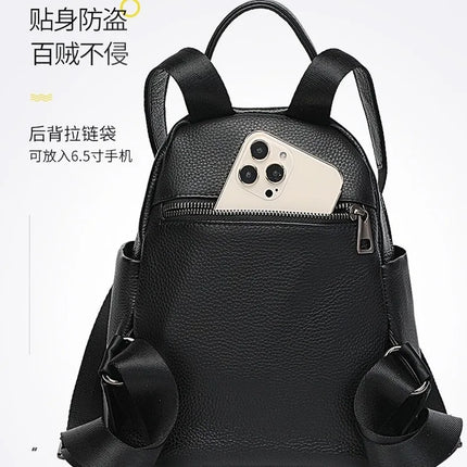Women Black Genuine Cowhide Leather Backpack Anti Theft Hidden Zipper Casual Shoulder Bag with Front Pocket for Daily