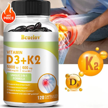 Vitamin D3 5000IU & Vitamin K2 600mg Capsules, Boost Calcium Absorption, Bone, Joint, Dental, Heart & Immune System Support