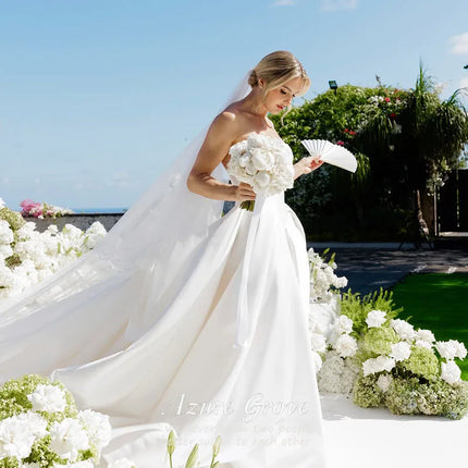 AG Customized Wedding Dress Elegant Satin Wedding Dress Strapless A Line Front Split Bridal Gowns Sweap Train Cape Bride Dresses
