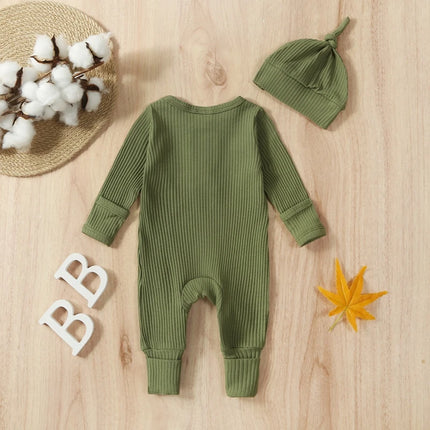 Newborn Baby Boy Clothing Outfits Solid Color Ribbed Long Sleeve Romper Jumpsuit with Hat for Infant Toddler Fall Clothes