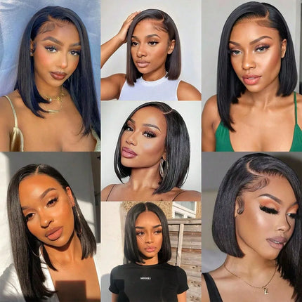 16 Inch Short Straight Bob Human Hair Wig Bone Straight 13X4 HD Invisible Transparent Lace Front Wigs Silky Straight Real Human Hair Pre Cut Pre Plucked With Baby Hair 250% Density Put On And Go Bob Wigs For Women Beginner Fr