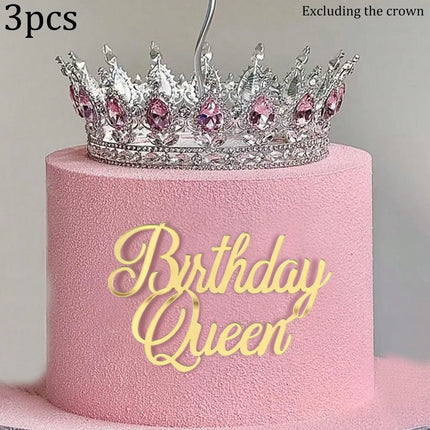 3pcs Birthday Princess Queen Acrylic Cake Topper Gold Silver Mirror Cake Insert Happy Birthday Cake Decoration for Women