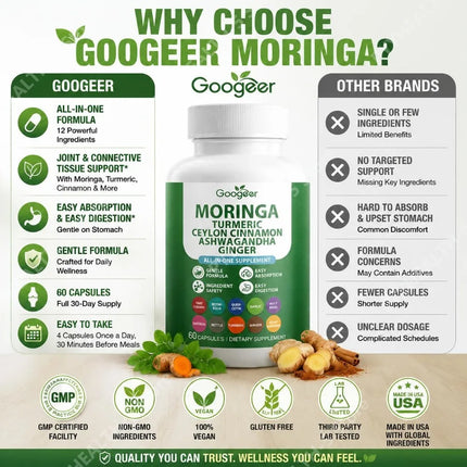 Googeer Moringa Turmeric Capsules All-in-one for Joint Health Support with Ashwagandha Ginger and Ceylon Cinnamon 60 Capsules