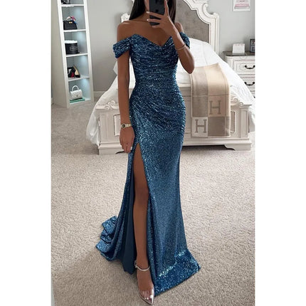 Women's Sexy Party Maxi Dress New Sequined One-line Collar Slit Dress Casual Fashion Prom Eveging Dresses for Women Robe Femme