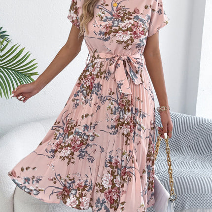 Elegant Floral Print A Line Dress with Belted Pleated Skirt Short Sleeve Women's Casual Dresses