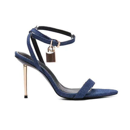 Buckle Strap Solid Color Key Lock Decoration Women Sandals Fashion Show Pointed Toe Ladies Shoes Golden Stiletto Sandals Women