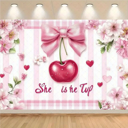 Checkered Cherry Butterfly Bow Theme Banner Background, Children's Birthday Party, Room Decoration Photography Background Cloth