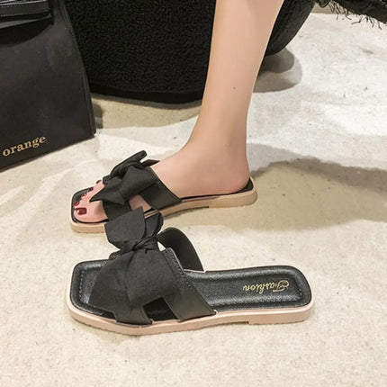 Casual Soft Sole Bowknot Slippers PVC Anti Slip Flat Slides Sandals Sweet Shoes Slippers Women Summer