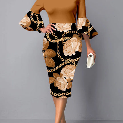 Midi Dress Spring Summer Women Brown Off Shoulder Flare Sleeve Floral Chain Print Bodycon Elegant Office Party Date Dress