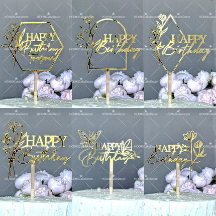 3PCS Gold Acrylic Happy Birthday Cake Topper with Line Art Flower Elegant Floral Cake Decoration for Birthday Party