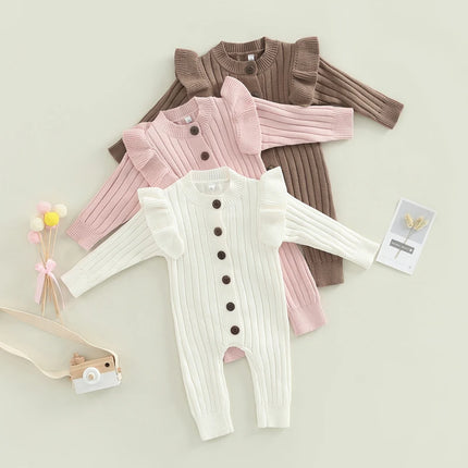 FOCUSNORM 0-18M Autumn Winter Baby Girls Boys Romper 3 Colors Solid Long Fly Sleeve Knitted Single Breasted Jumpsuit