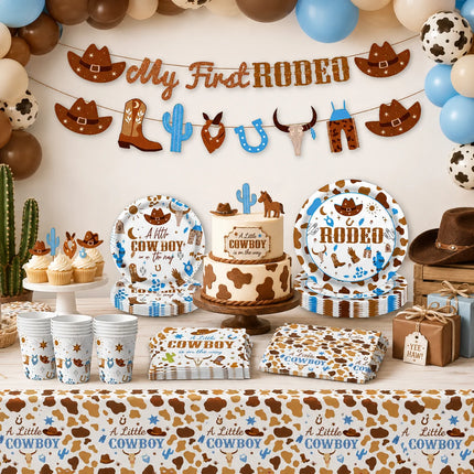 A Little Cowboy Baby Shower Decor Set, My First Rodeo Western Themed Disposable Tableware Kit for Boys 1st Birthday Party