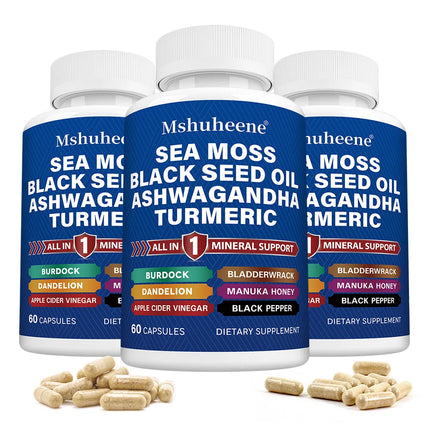 Sea Moss, Black Seed, Ashwagandha, Turmeric, Bladderwrack, Burdock - with ACV, Black Pepper, Gluten Free