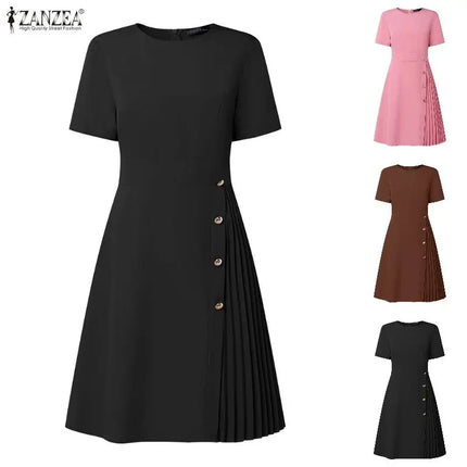 Stylish Pleated Dresses ZANZEA Women Summer Solid OL Work Dress Elegant A-line Knee Length Robe O Neck Short Sleeve Sundress
