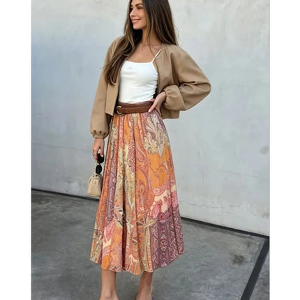Summer New Skirts Women's 2026 New Fashion Retro Print High Waist Skirts Chic Summer Travel Joker Holiday Women's Skirts