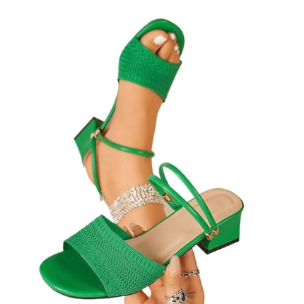 Women's Knitted Block Heel Mules Elegant Open Toe Sandals Fashion Summer Slide Shoes Comfortable Slip-on Mid Heel Ladies Slides