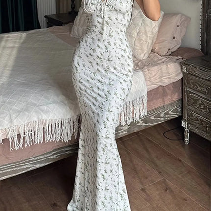 2025 Summer Floral Midi Dress Women Spaghetti Strap Tie-up V-neck Split Dress Sexy Vintage Elegant Dresses Female