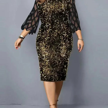 New Party Dress Plus Size Ladies Midi Sequin Mesh Long Sleeve Lace Elegant Bodycon XL-4XL 5XL Evening Dresses Woman Summer 2023